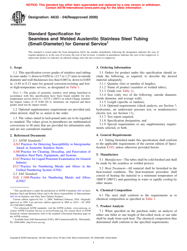 ASTM A632-04(2009) - Standard Specification for Seamless and Welded Austenitic Stainless Steel Tubing (Small-Diameter) for General Service