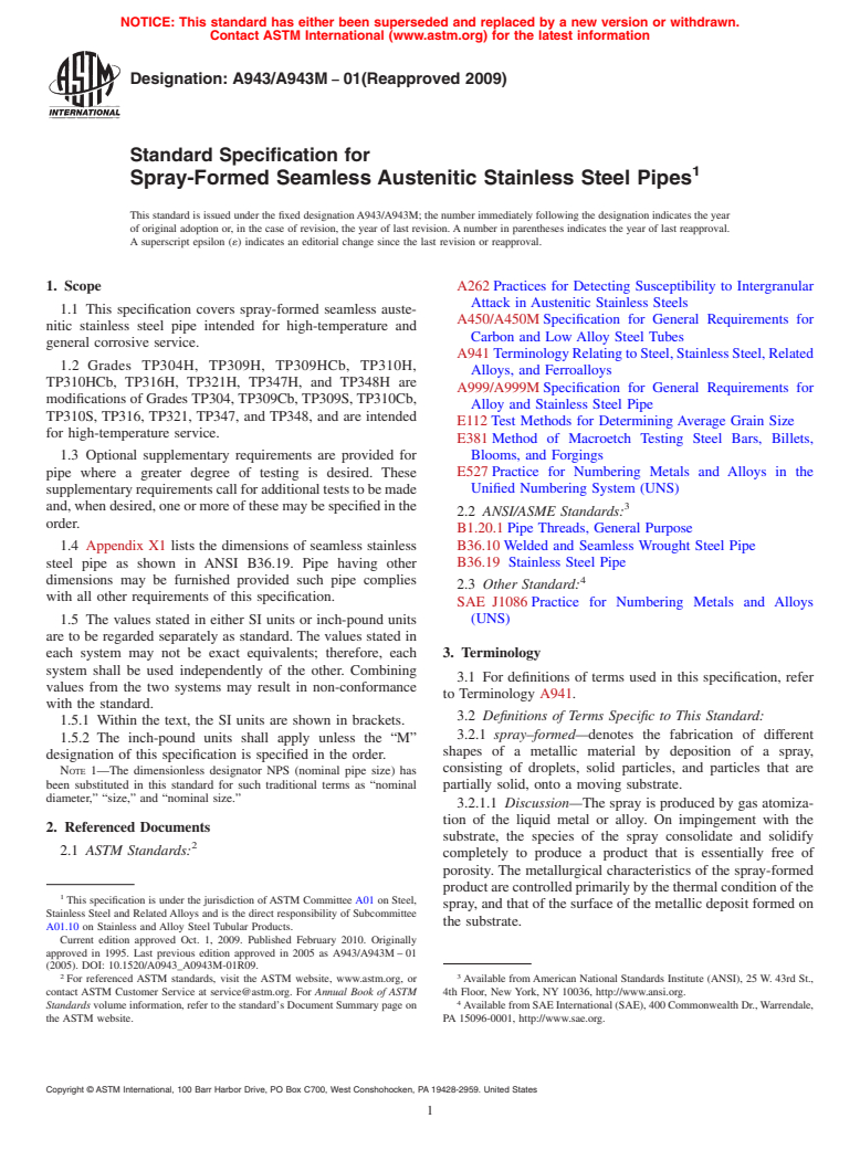 ASTM A943/A943M-01(2009) - Standard Specification for Spray-Formed Seamless Austenitic Stainless Steel Pipes