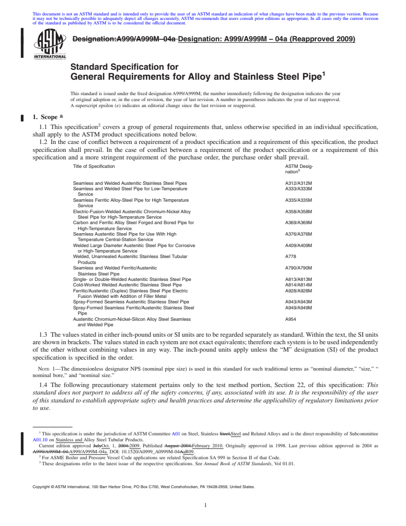 REDLINE ASTM A999/A999M-04a(2009) - Standard Specification for General Requirements for Alloy and Stainless Steel Pipe