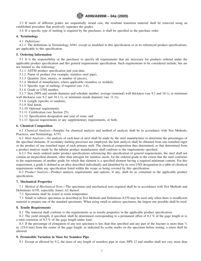 REDLINE ASTM A999/A999M-04a(2009) - Standard Specification for General Requirements for Alloy and Stainless Steel Pipe