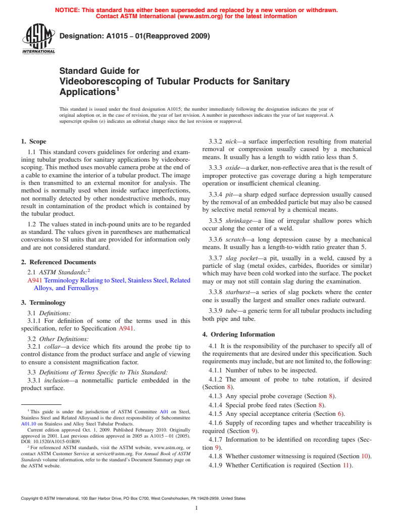 ASTM A1015-01(2009) - Standard Guide for Videoborescoping of Tubular Products for Sanitary Applications