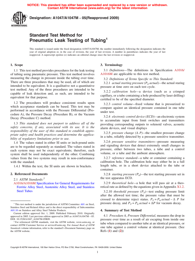 ASTM A1047/A1047M-05(2009) - Standard Test Method for Pneumatic Leak Testing of Tubing