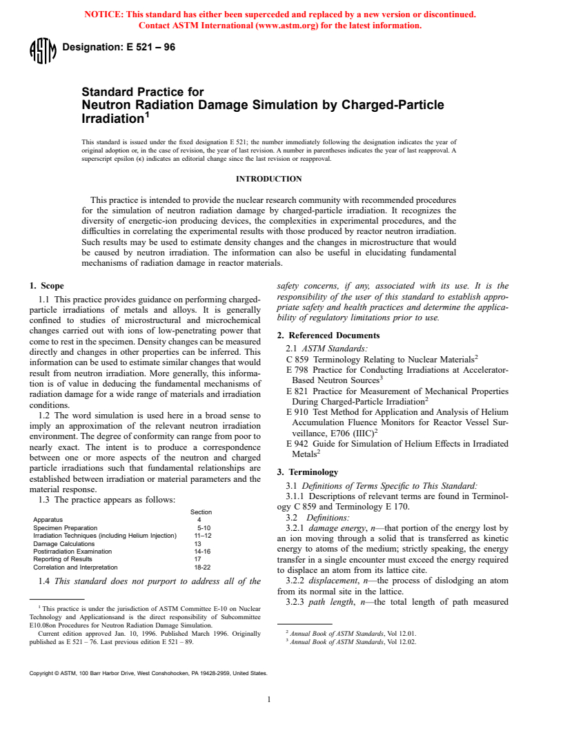 ASTM E521-96 - Standard Practice for Neutron Radiation Damage Simulation by Charged-Particle Irradiation