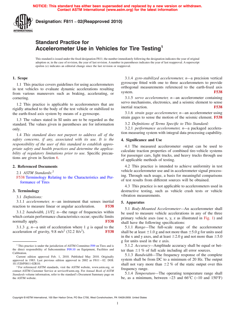 ASTM F811-02(2010) - Standard Practice for Accelerometer Use in Vehicles for Tire Testing