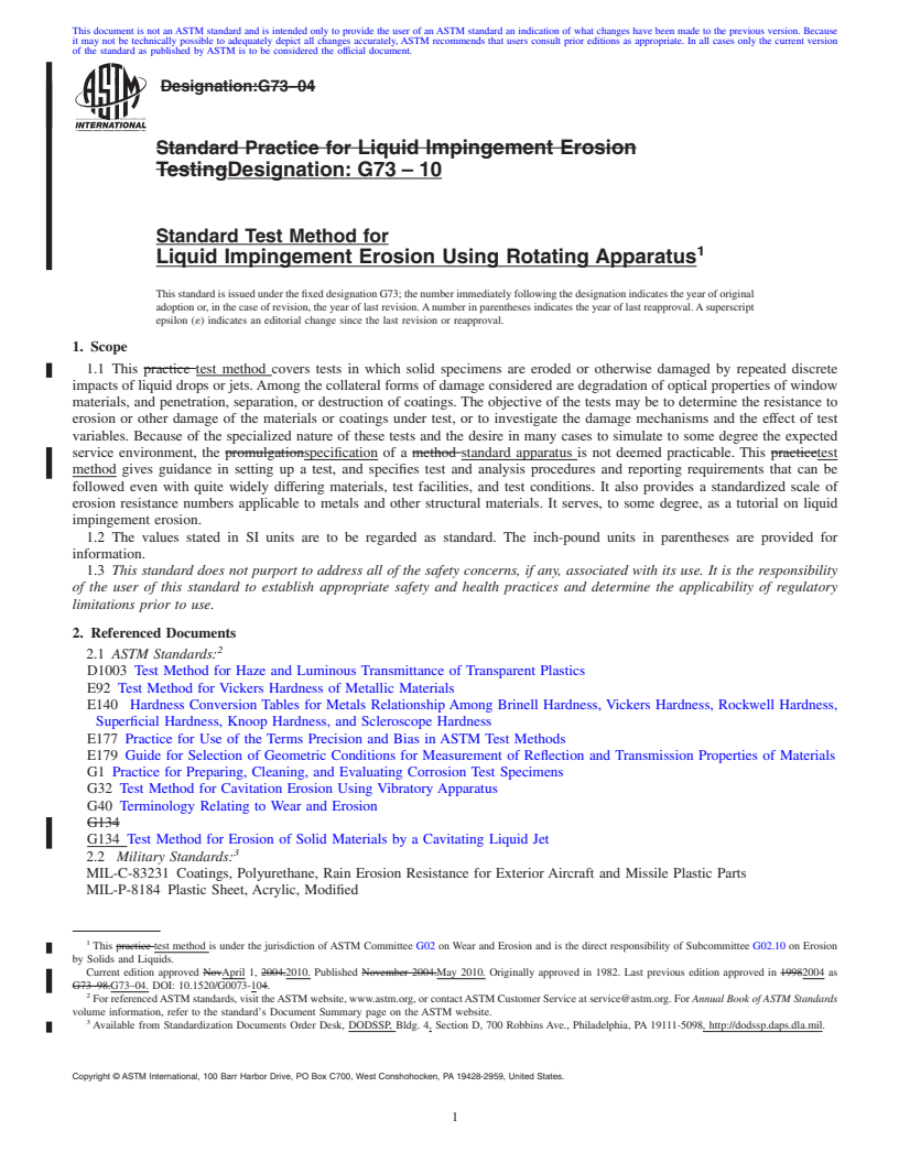 REDLINE ASTM G73-10 - Standard Test Method for Liquid Impingement Erosion Using Rotating Apparatus