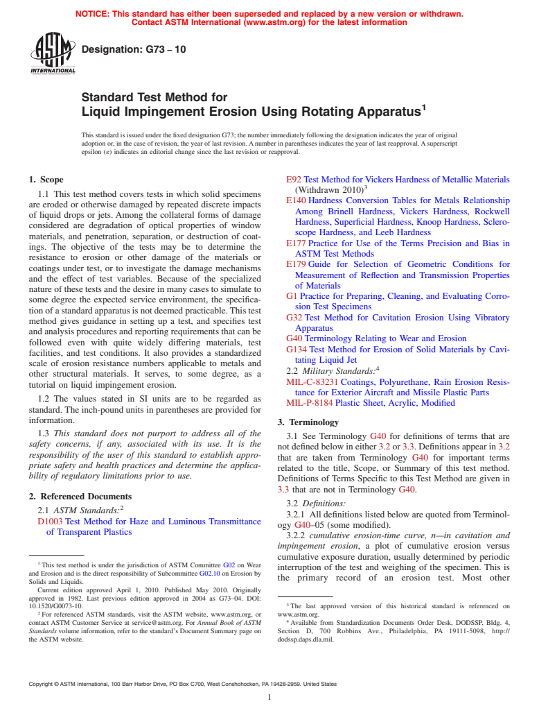ASTM G73-10 - Standard Test Method for Liquid Impingement Erosion Using Rotating Apparatus