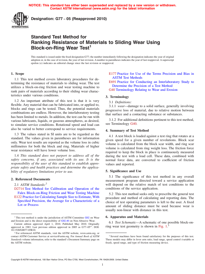 ASTM G77-05(2010) - Standard Test Method for Ranking Resistance of Materials to Sliding Wear Using Block-on-Ring Wear Test