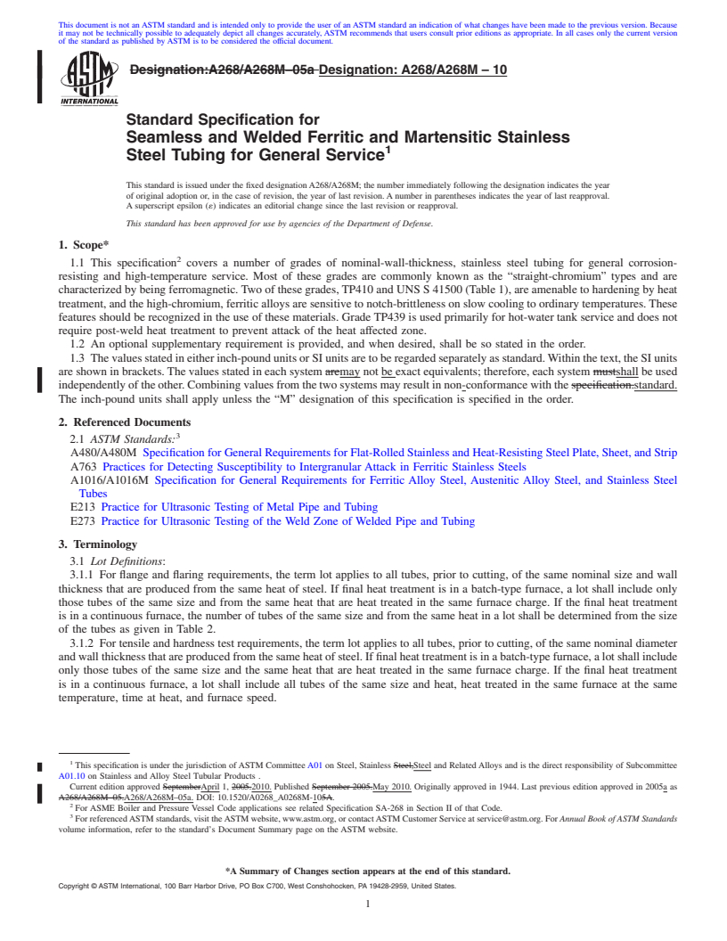 REDLINE ASTM A268/A268M-10 - Standard Specification for Seamless and Welded Ferritic and Martensitic Stainless Steel Tubing for General Service