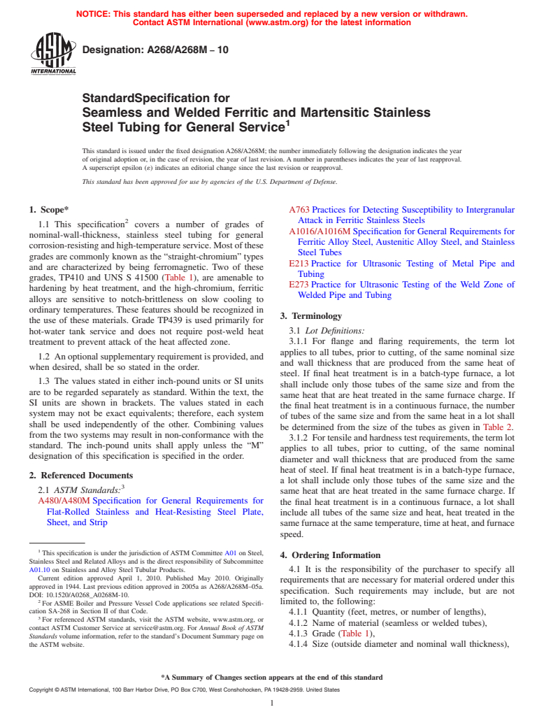 ASTM A268/A268M-10 - Standard Specification for Seamless and Welded Ferritic and Martensitic Stainless Steel Tubing for General Service