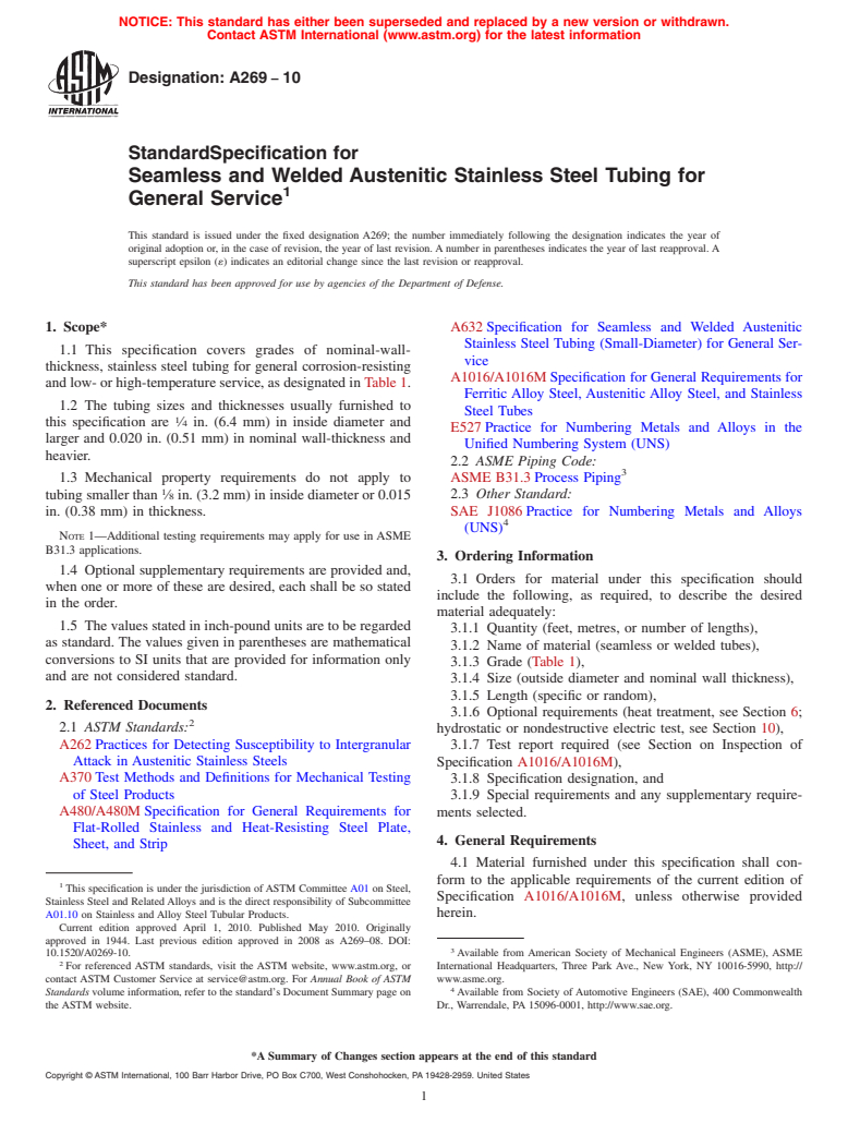 ASTM A269-10 - Standard Specification for Seamless and Welded Austenitic Stainless Steel Tubing for General Service