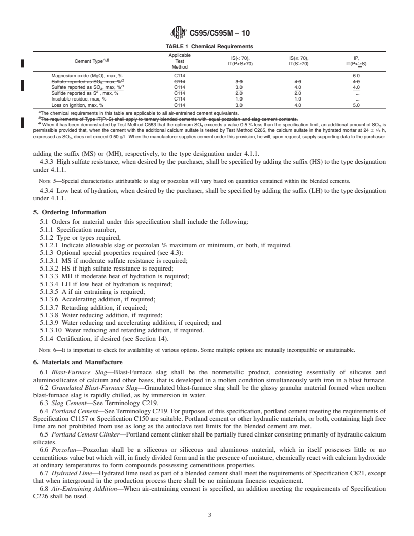 REDLINE ASTM C595/C595M-10 - Standard Specification for  Blended Hydraulic Cements