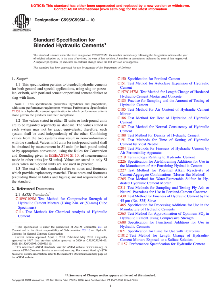 ASTM C595/C595M-10 - Standard Specification for  Blended Hydraulic Cements