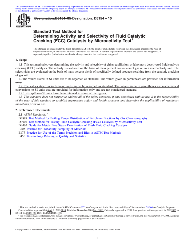 REDLINE ASTM D5154-10 - Standard Test Method for Determining Activity and Selectivity of Fluid Catalytic Cracking (FCC) Catalysts by Microactivity Test