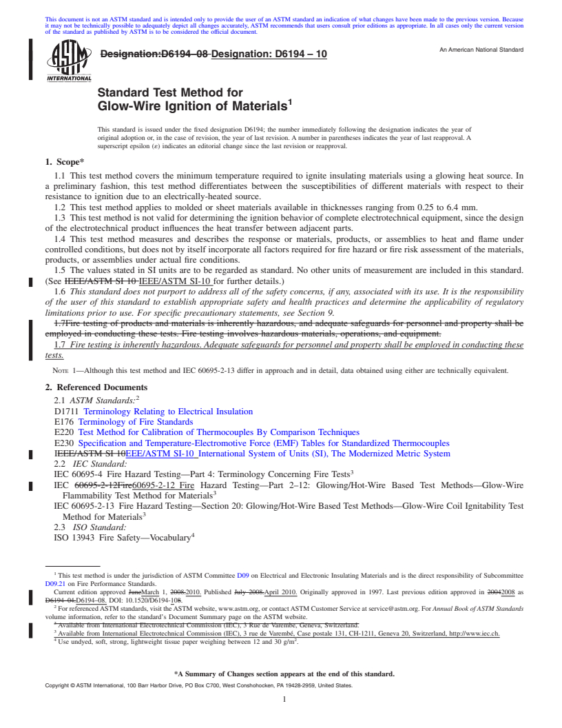 REDLINE ASTM D6194-10 - Standard Test Method for Glow-Wire Ignition of Materials