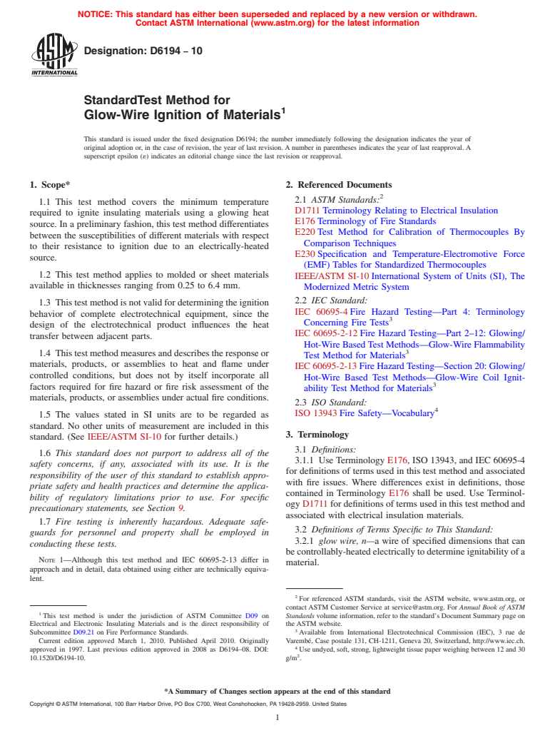 ASTM D6194-10 - Standard Test Method for Glow-Wire Ignition of Materials