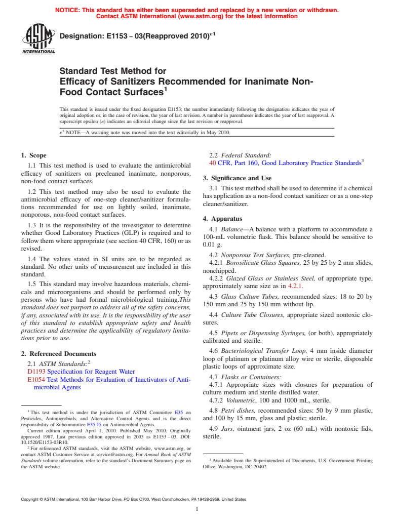 ASTM E1153-03(2010)e1 - Standard Test Method for Efficacy of Sanitizers Recommended for Inanimate Non-Food Contact Surfaces