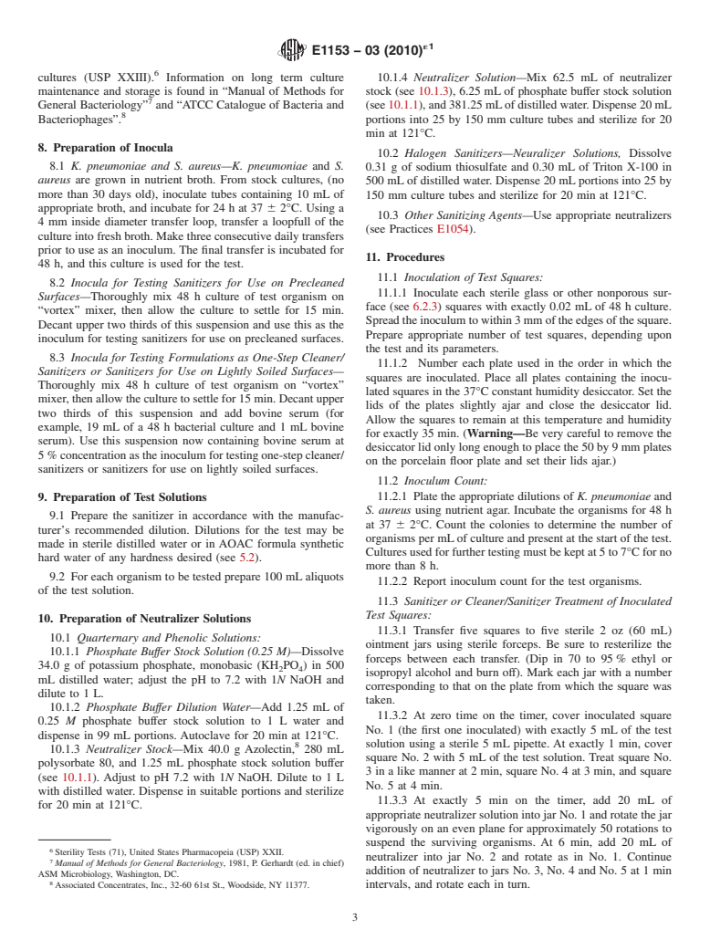 ASTM E1153-03(2010)e1 - Standard Test Method for Efficacy of Sanitizers Recommended for Inanimate Non-Food Contact Surfaces