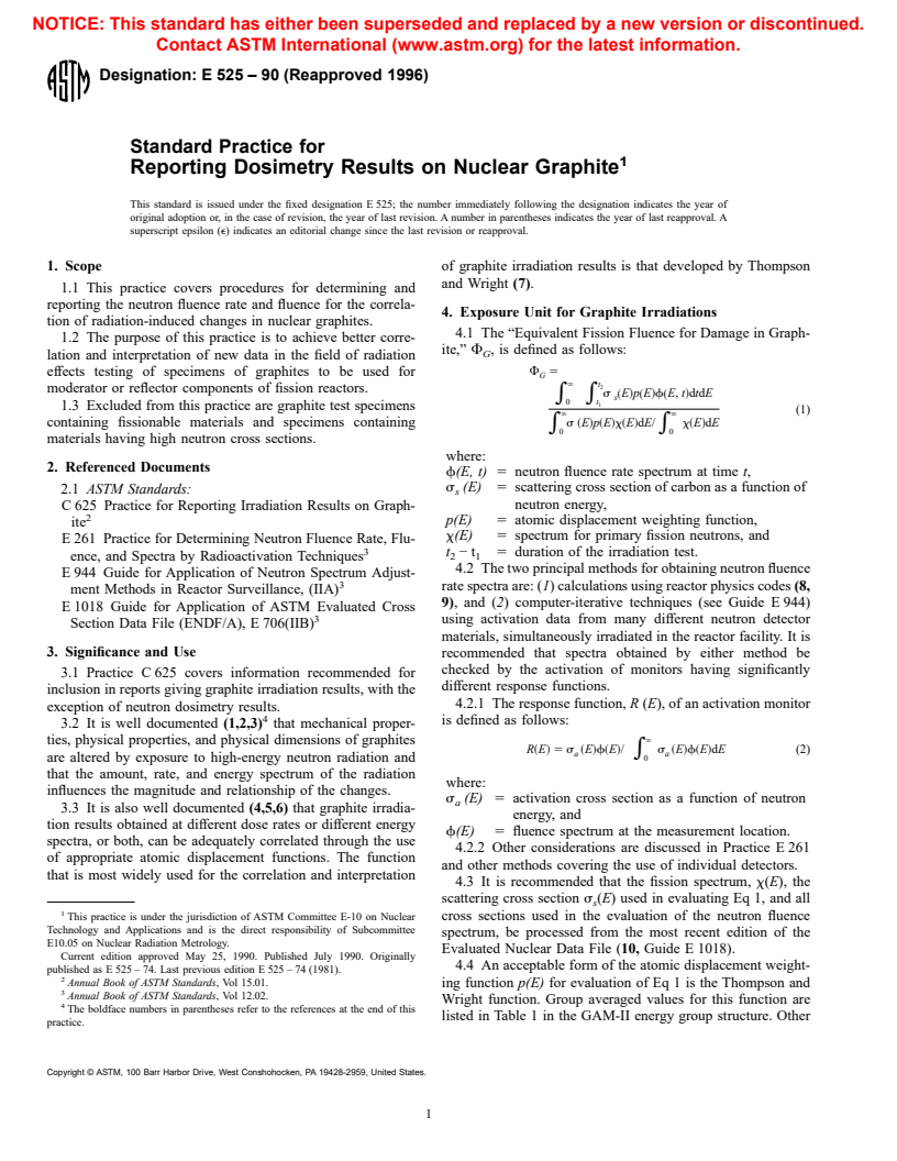 ASTM E525-90(1996) - Practice for Reporting Dosimetry Results on Nuclear Graphite (Withdrawn 2001)