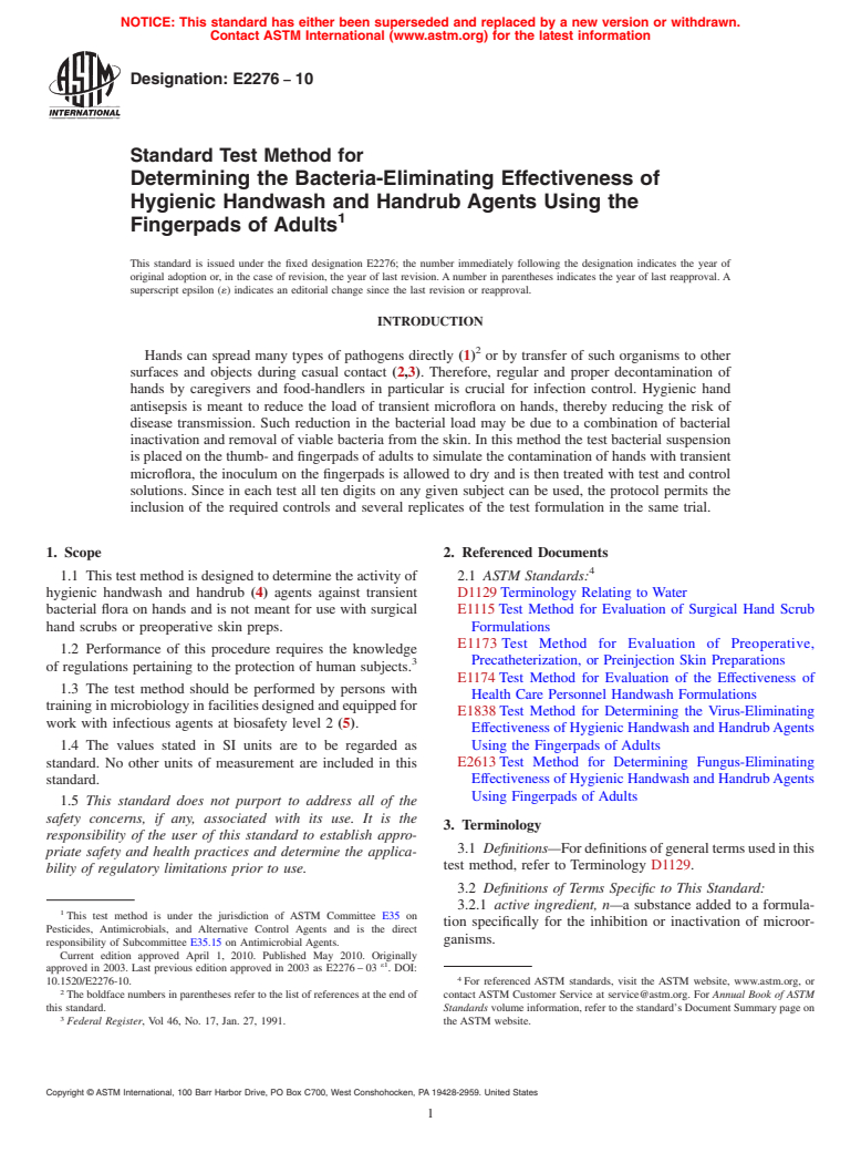 ASTM E2276-10 - Standard Test Method for Determining the Bacteria-Eliminating Effectiveness of Hygienic Handwash and Handrub Agents Using the Fingerpads of Adults