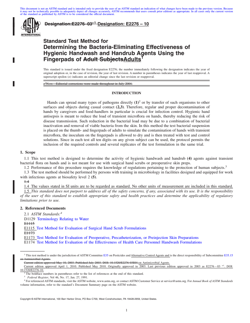 REDLINE ASTM E2276-10 - Standard Test Method for Determining the Bacteria-Eliminating Effectiveness of Hygienic Handwash and Handrub Agents Using the Fingerpads of Adults