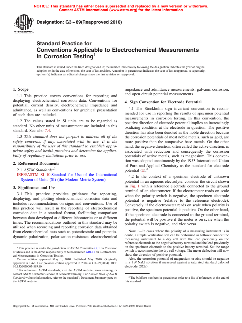 ASTM G3-89(2010) - Standard Practice for Conventions Applicable to Electrochemical Measurements in Corrosion Testing