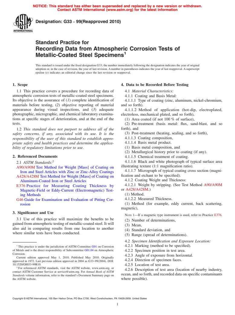 ASTM G33-99(2010) - Standard Practice for Recording Data from Atmospheric Corrosion Tests of Metallic-Coated Steel Specimens