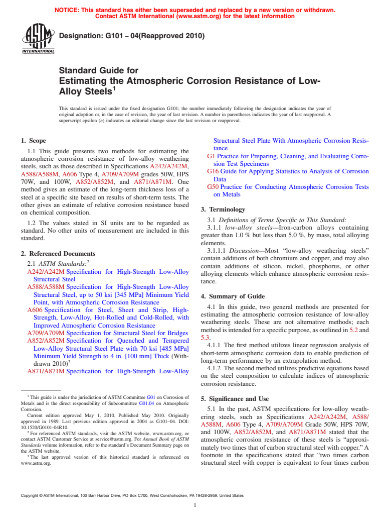 ASTM G101-04(2010) - Standard Guide for Estimating the Atmospheric Corrosion Resistance of Low-Alloy Steels