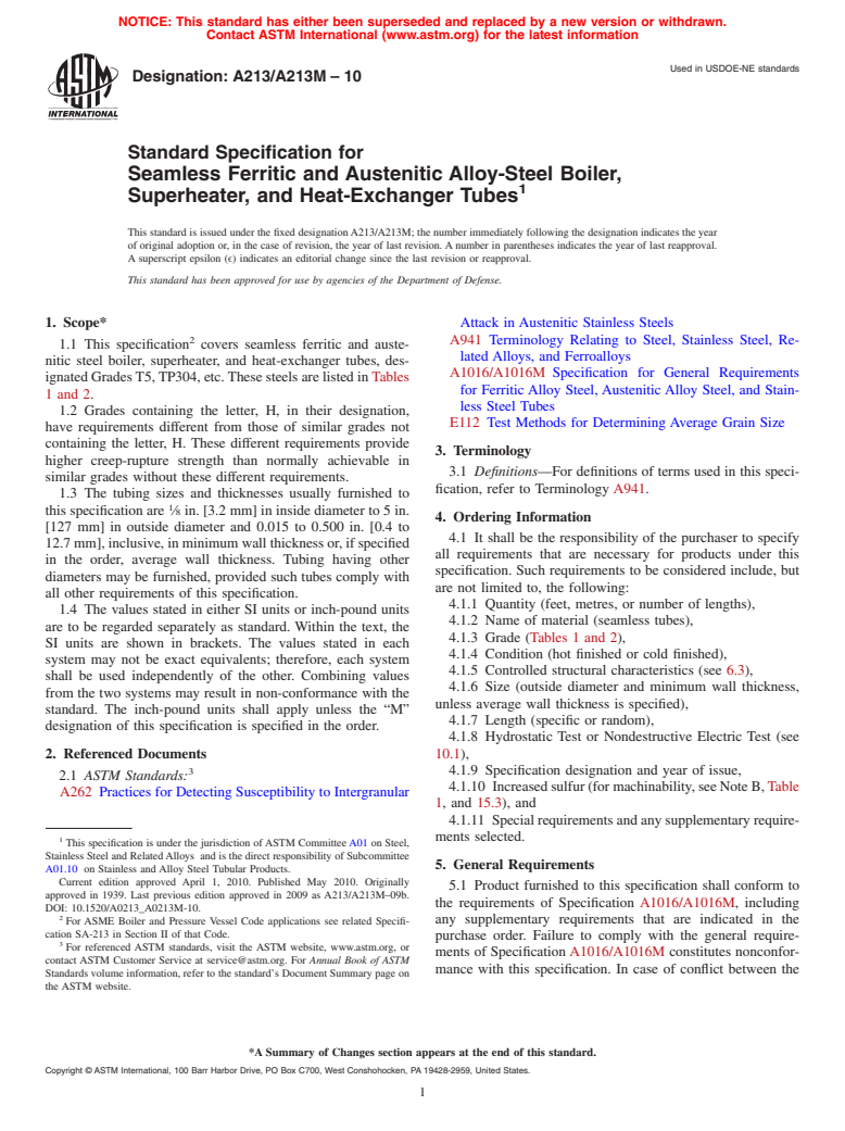 ASTM A213/A213M-10 - Standard Specification for  Seamless Ferritic and Austenitic Alloy-Steel Boiler, Superheater, and Heat-Exchanger Tubes