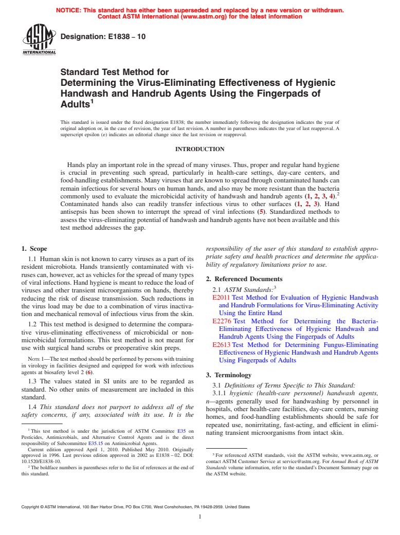 ASTM E1838-10 - Standard Test Method for  Determining the Virus-Eliminating Effectiveness of Hygienic Handwash and Handrub Agents Using the Fingerpads of Adults