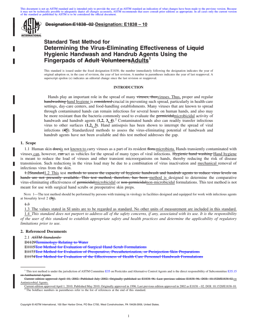 REDLINE ASTM E1838-10 - Standard Test Method for  Determining the Virus-Eliminating Effectiveness of Hygienic Handwash and Handrub Agents Using the Fingerpads of Adults