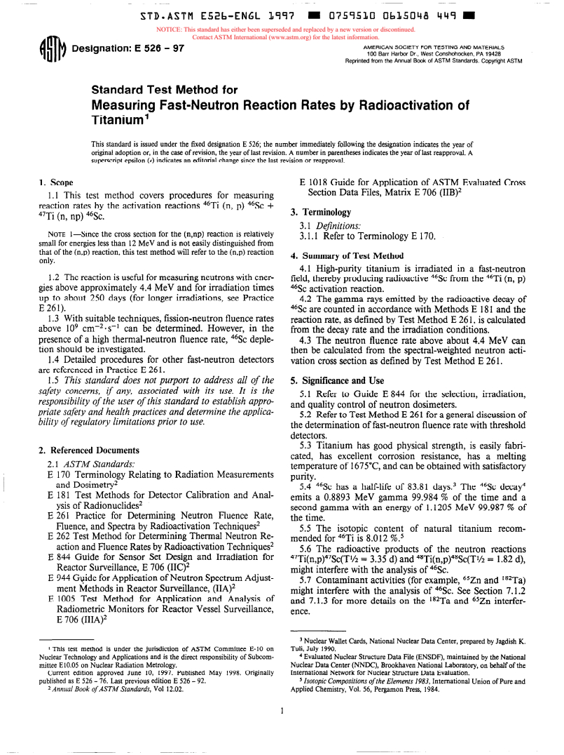 ASTM E526-97 - Standard Test Method for Measuring Fast-Neutron Reaction Rates by Radioactivation of Titanium