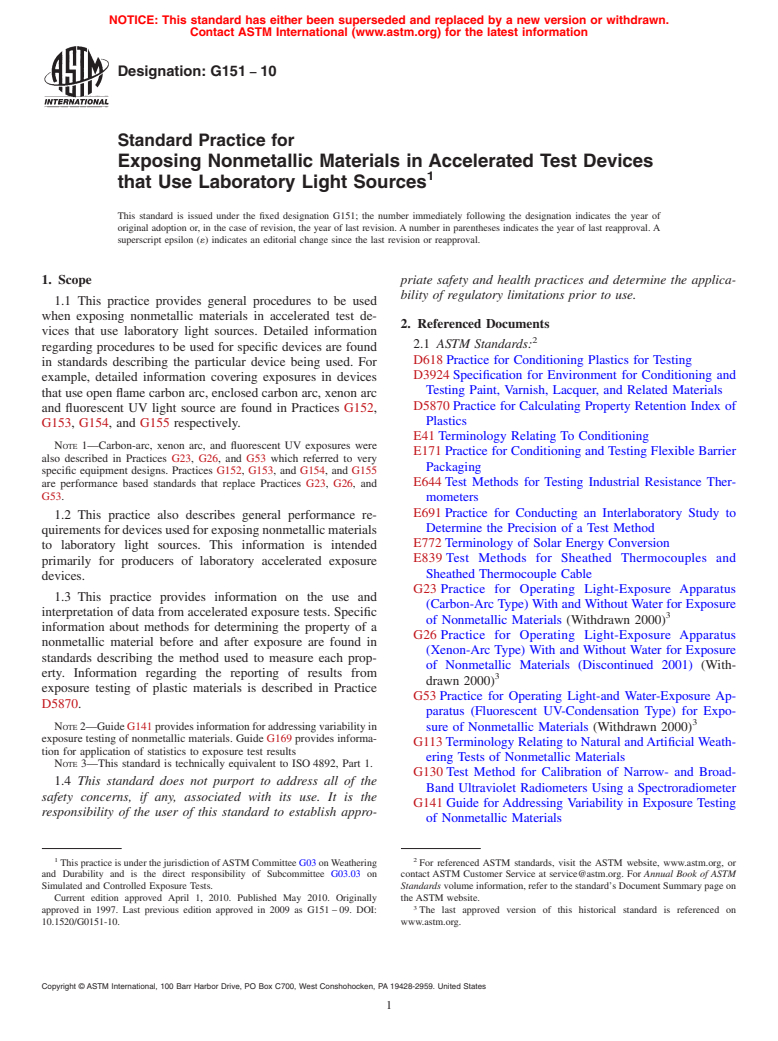 ASTM G151-10 - Standard Practice for Exposing Nonmetallic Materials in Accelerated Test Devices that Use Laboratory Light Sources