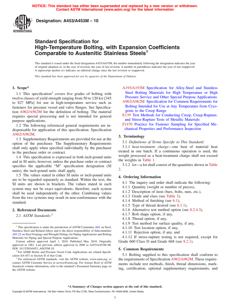 ASTM A453/A453M-10 - Standard Specification for  High-Temperature Bolting, with Expansion Coefficients Comparable to Austenitic Stainless Steels