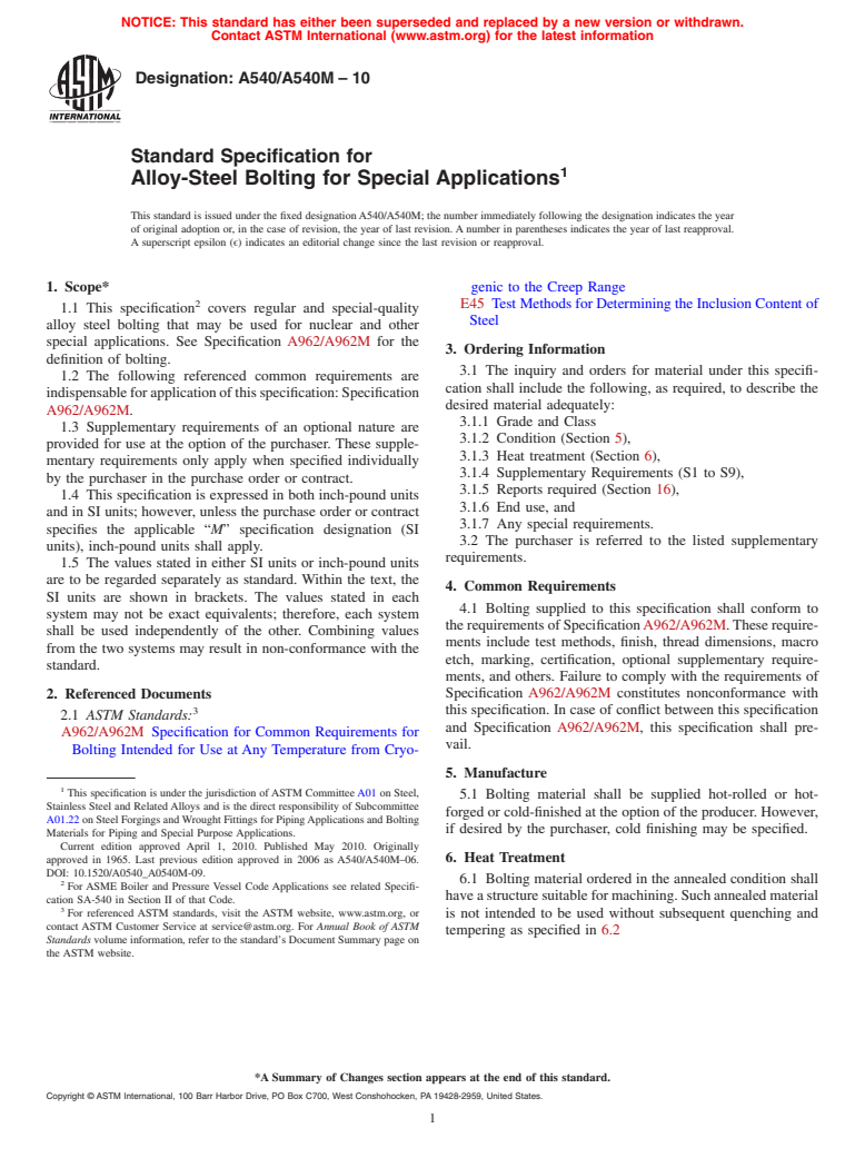 ASTM A540/A540M-10 - Standard Specification for  Alloy-Steel Bolting for Special Applications