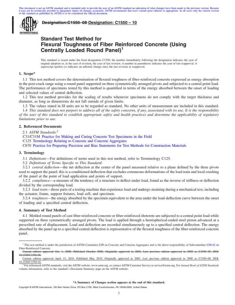 REDLINE ASTM C1550-10 - Standard Test Method for Flexural Toughness of Fiber Reinforced Concrete (Using Centrally Loaded Round Panel)