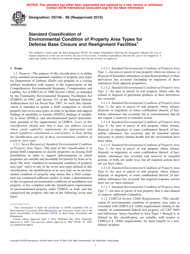 ASTM D5746-98(2010) - Standard Classification of Environmental Condition of Property Area Types for Defense Base Closure and Realignment Facilities