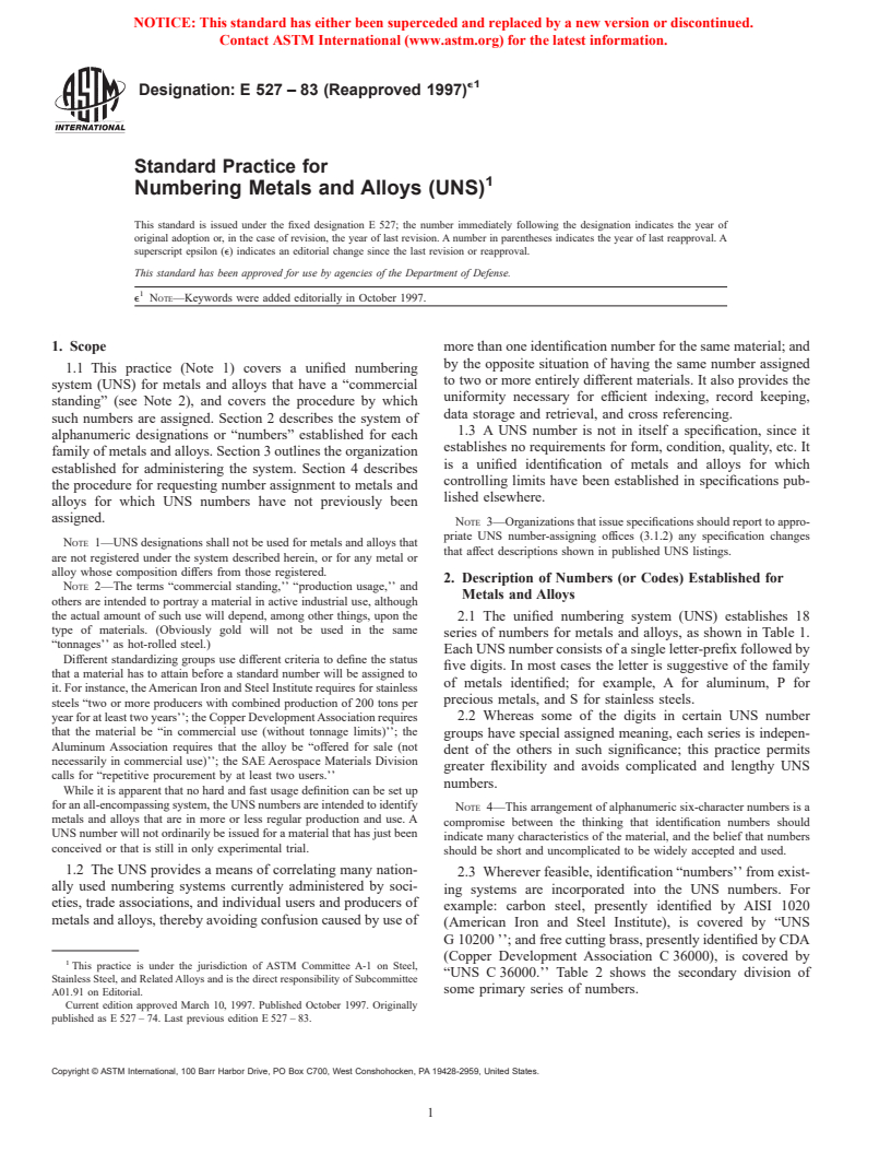 ASTM E527-83(1997)e1 - Standard Practice for Numbering Metals and Alloys (UNS)