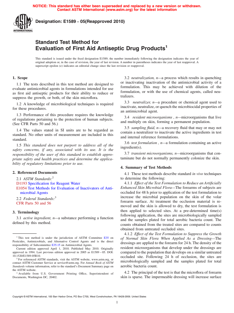 ASTM E1589-05(2010) - Standard Test Method for Evaluation of First Aid Antiseptic Drug Products