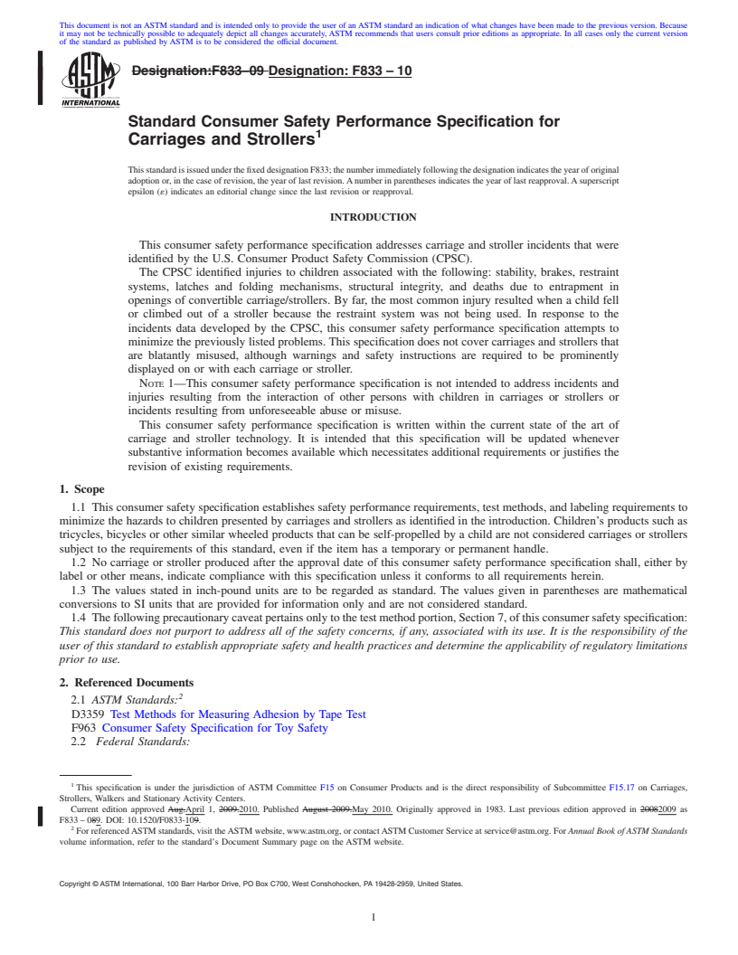 REDLINE ASTM F833-10 - Standard Consumer Safety Performance Specification for Carriages and Strollers