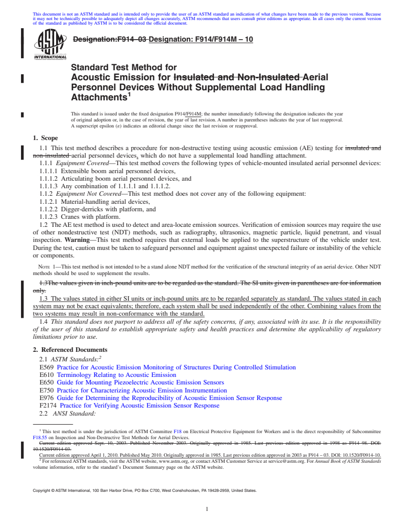 REDLINE ASTM F914/F914M-10 - Standard Test Method for  Acoustic Emission for Aerial Personnel Devices Without Supplemental Load Handling Attachments