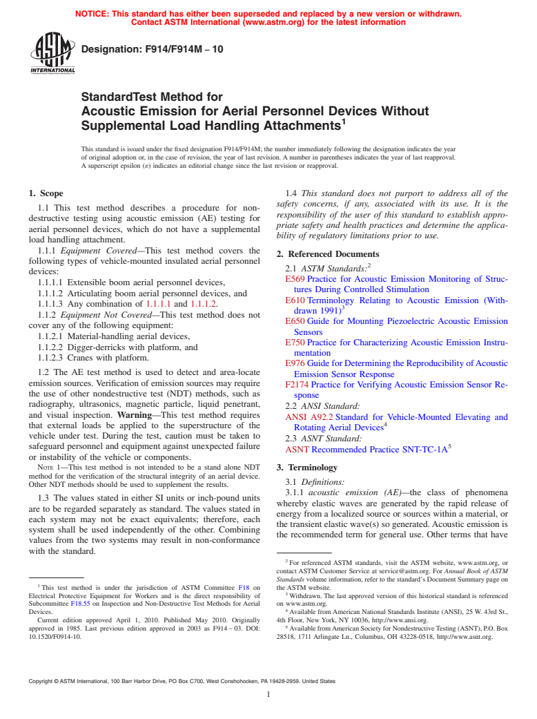 ASTM F914/F914M-10 - Standard Test Method for  Acoustic Emission for Aerial Personnel Devices Without Supplemental Load Handling Attachments