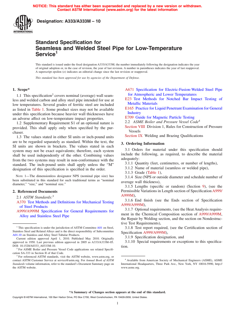 ASTM A333/A333M-10 - Standard Specification for Seamless and Welded Steel Pipe for Low-Temperature Service