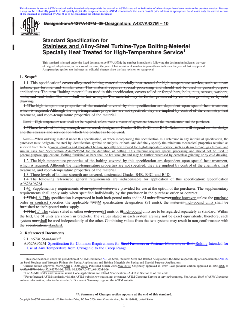 REDLINE ASTM A437/A437M-10 - Standard Specification for  Stainless and Alloy-Steel Turbine-Type Bolting Specially Heat Treated for High-Temperature Service