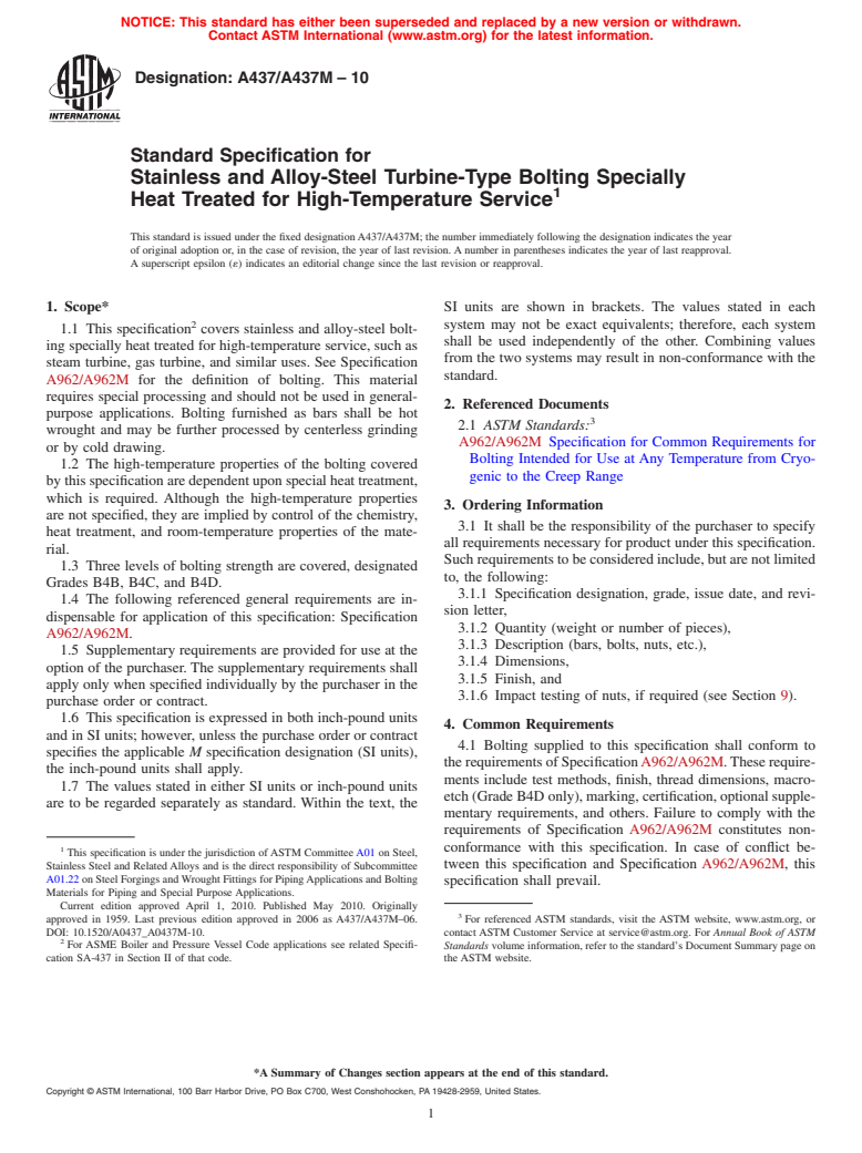 ASTM A437/A437M-10 - Standard Specification for  Stainless and Alloy-Steel Turbine-Type Bolting Specially Heat Treated for High-Temperature Service