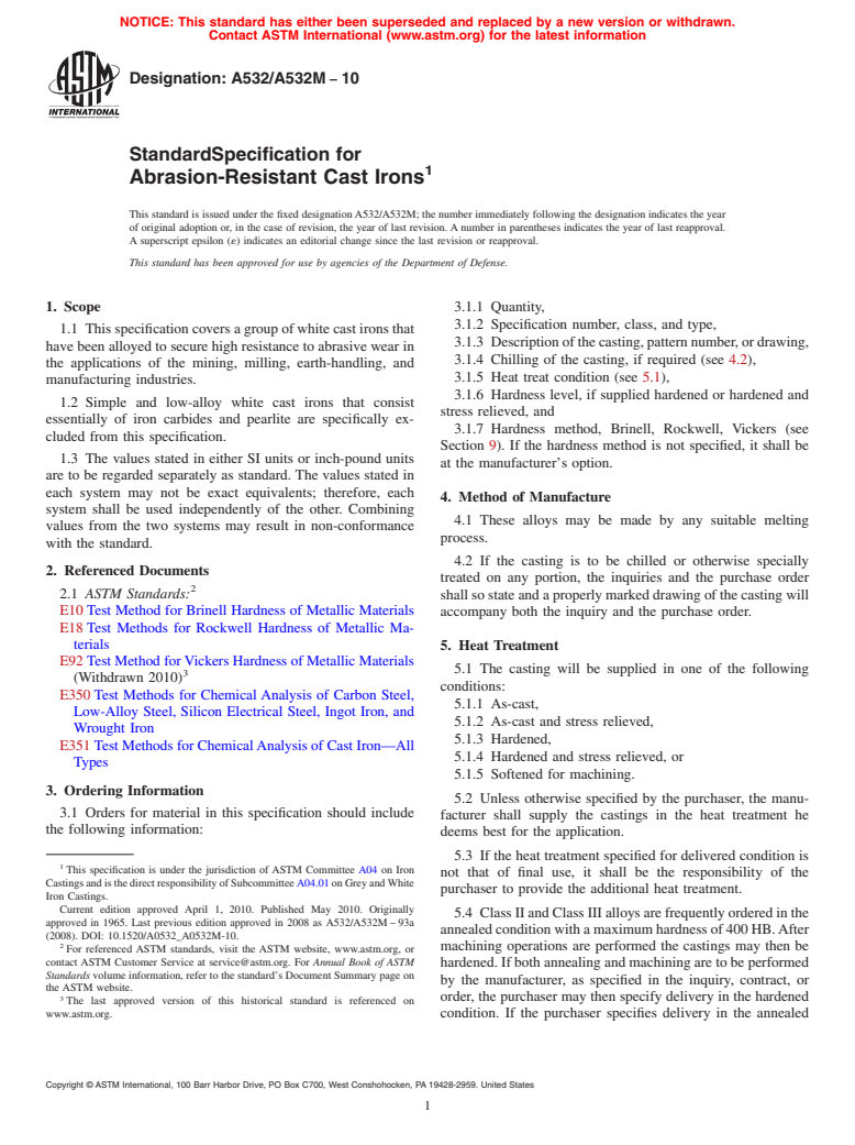 ASTM A532/A532M-10 - Standard Specification for Abrasion-Resistant Cast Irons