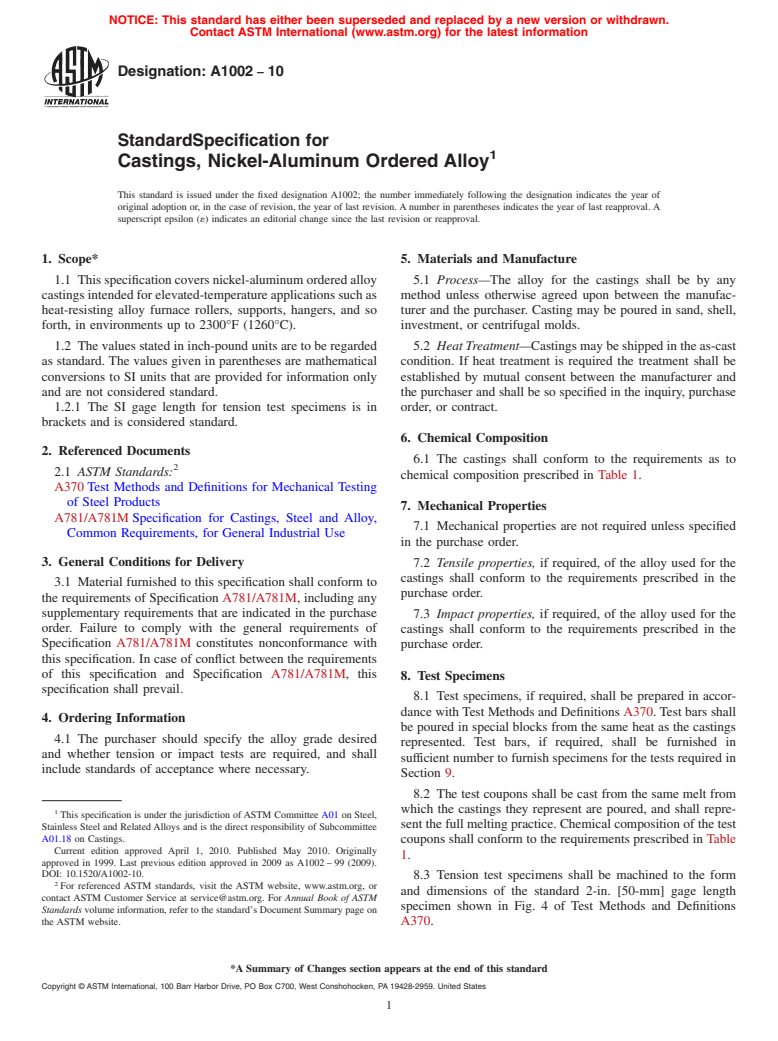 ASTM A1002-10 - Standard Specification for Castings, Nickel-Aluminum Ordered Alloy