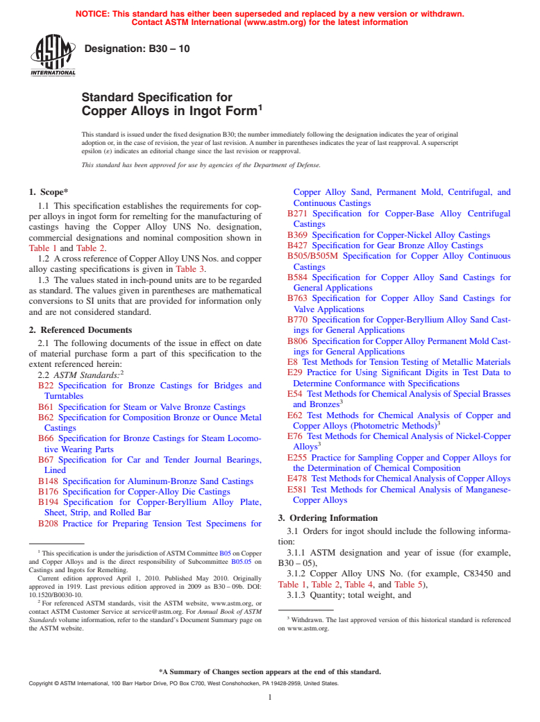 ASTM B30-10 - Standard Specification for  Copper Alloys in Ingot Form