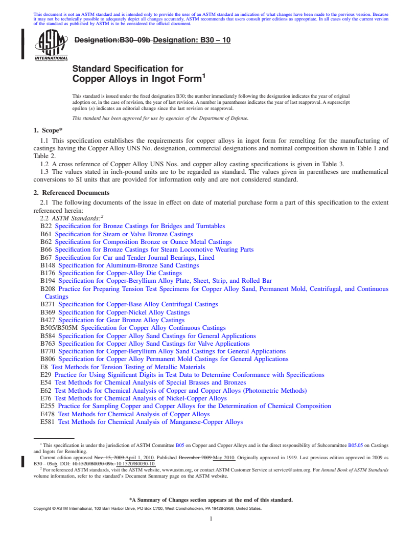 REDLINE ASTM B30-10 - Standard Specification for  Copper Alloys in Ingot Form