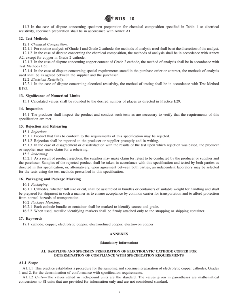 ASTM B115-10 - Standard Specification for Electrolytic Copper Cathode