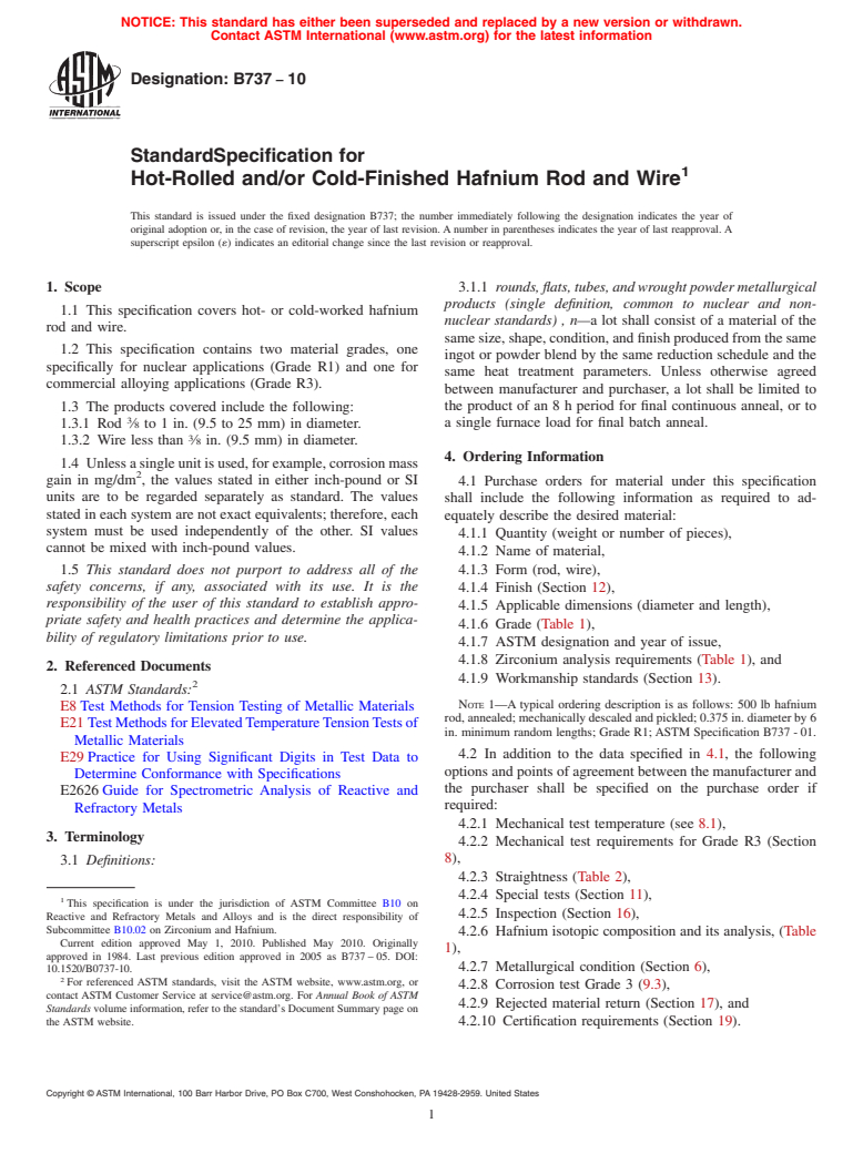 ASTM B737-10 - Standard Specification for Hot-Rolled and/or Cold-Finished Hafnium Rod and Wire